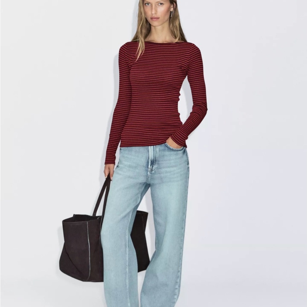 Massimo Dutti Burgundy Striped Long Sleeve Top